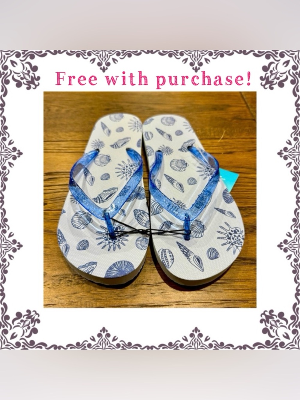 Flip flop sandals shoes - sea shells - white & blue - NEW med 7/8. FREE w/purch